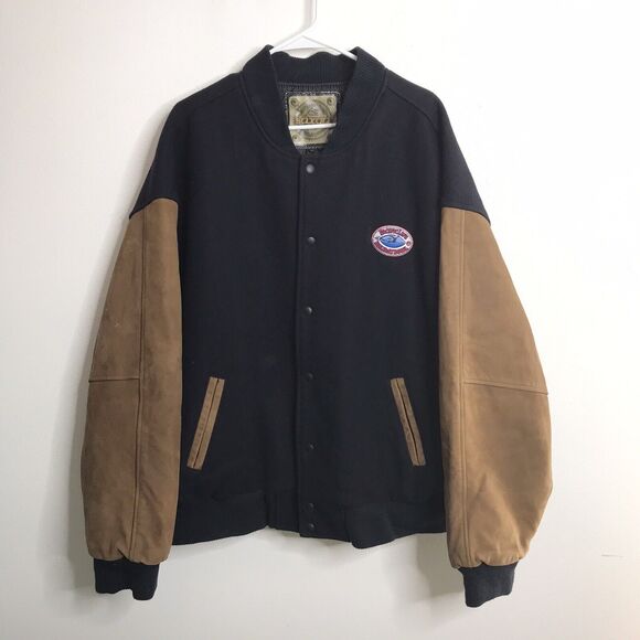Vintage Saxon Leather Ltd. Mens Bomber Jacket Black Wool and Brown Leather XXXL - Picture 1 of 11